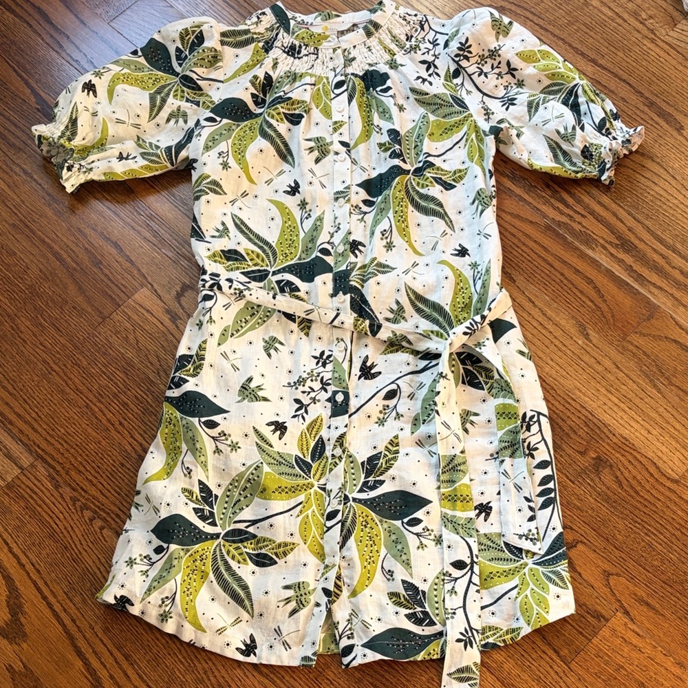 Boden women’s green and white floral linen shirt dress